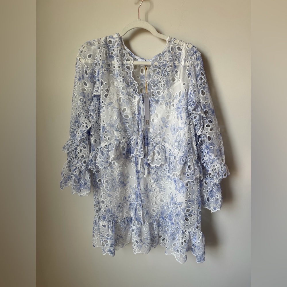 House of Harlow 1960 Blue White eyelet long sleeve embroidered mini dress
